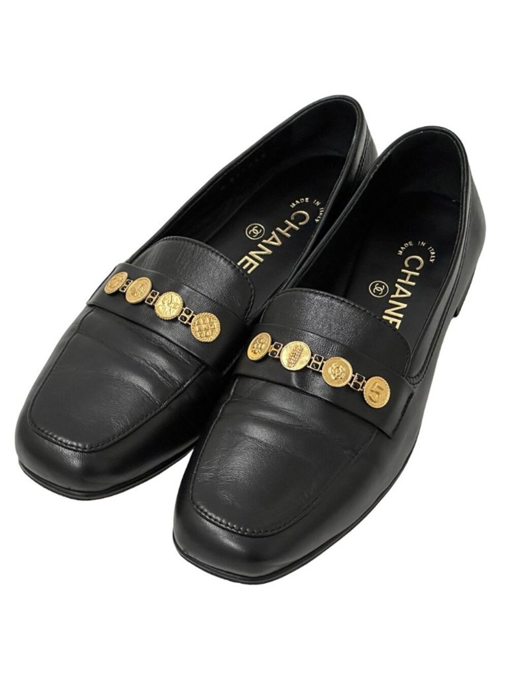 Chanel Leather Shoes Loafers Icon Black Gold